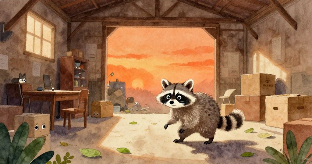 在時間變幻中，倉庫內光影移動，家具與箱子呈現動態變化，小浣熊神情堅定注視變遷。