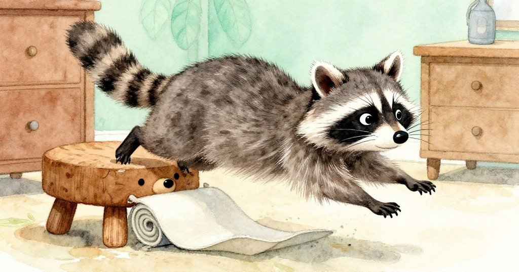 小浣熊跳上木熊腳凳，大力推動地毯，桌椅隨之晃動，動作充滿力量與活力。