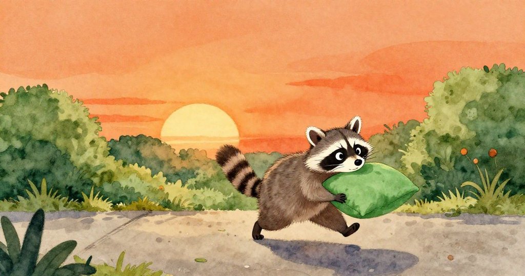 在夕陽餘暉下，綠墊隨地摩擦，小浣熊急速奔向灌木間，留下一段奇幻歷險的美好結局。