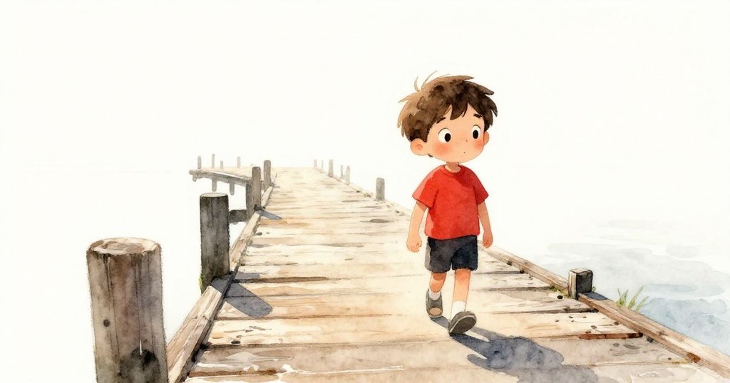 雷奧走在老舊碼頭上，溫暖陽光灑落，木板斑駁，水痕隱現，神情專注，故事開始展開