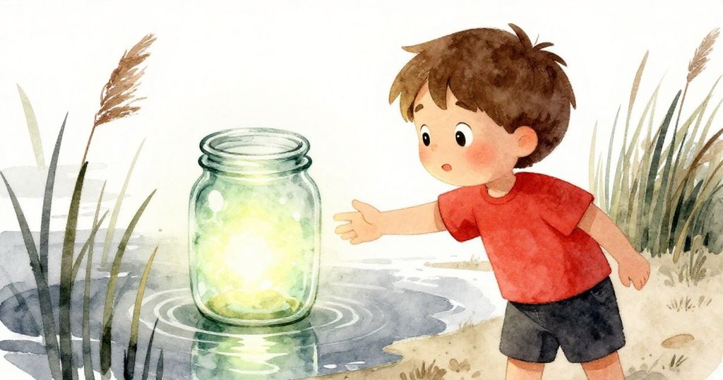 雷奧伸手觸摸浮動在蘆葦間的小玻璃瓶，瓶身綠光閃爍，細節生動，象徵魔法般的吸引