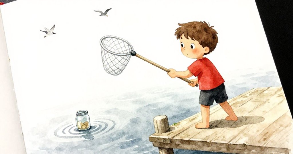 雷奧手持漁網，角度獨特，背景中一隻鳥掠過水面，水波輕推玻璃瓶向碼頭移動，動感十足