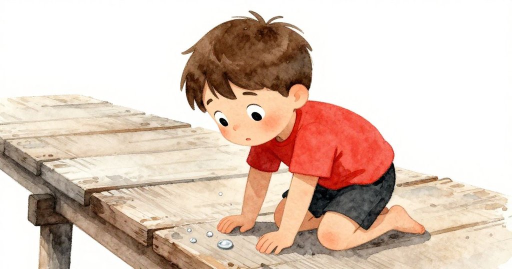 雷奧跪在斑駁木板旁，仔細觀察流水與水珠閃爍，臉上充滿專注與驚奇，細節豐富