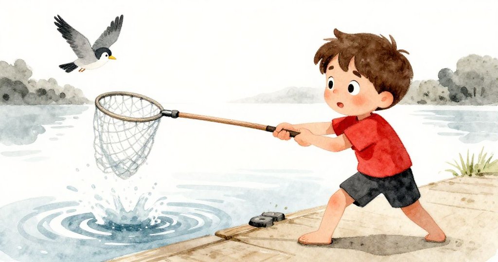 雷奧奮力拉起漁網，水花四濺，一隻鳥兒掠過水面，場面充滿活力與緊張氣氛