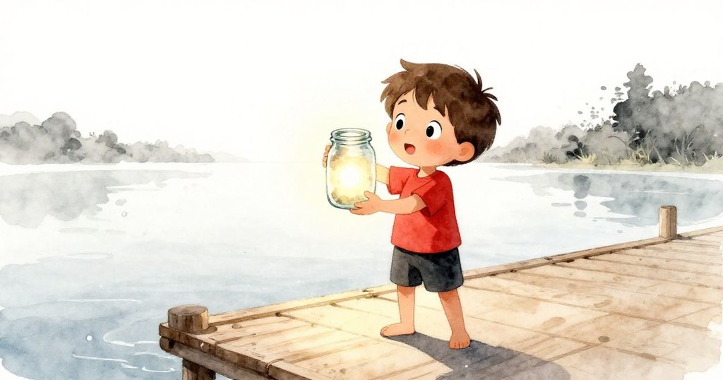 雷奧手持玻璃瓶，站在陽光燦爛的碼頭上，水滴閃耀，平靜湖面映襯勝利喜悅，溫暖故事完結