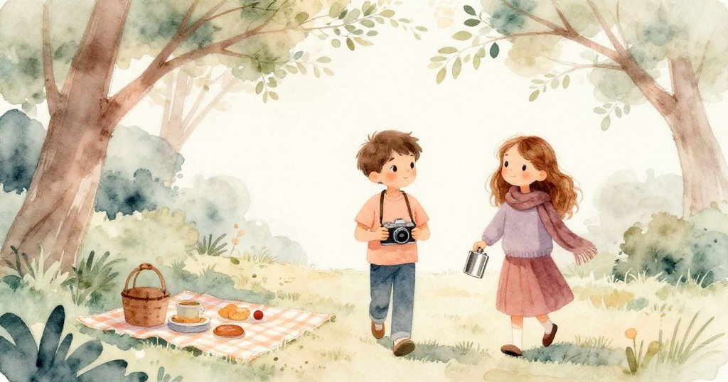 伊桑與佐伊穿過低垂的樹枝迎向鋪在草地上的野餐布,神情期待,展現故事開始的溫暖氛圍。