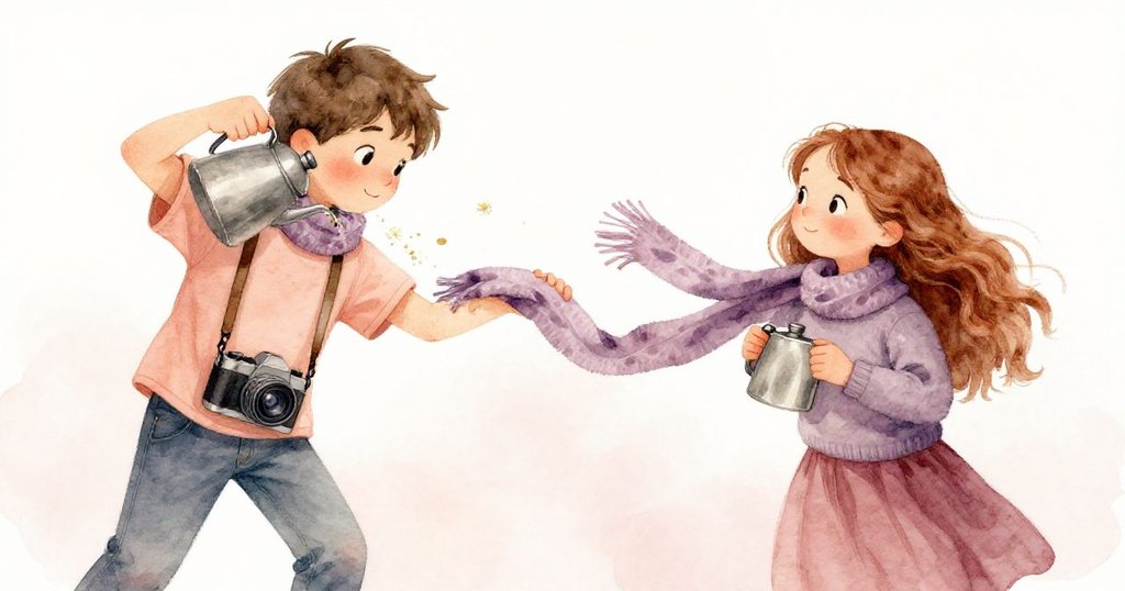 佐伊坐在野餐布上倒出洋甘菊茶,圍巾滑落纏住伊桑的手臂,動態場景中充滿驚喜與幽默感。