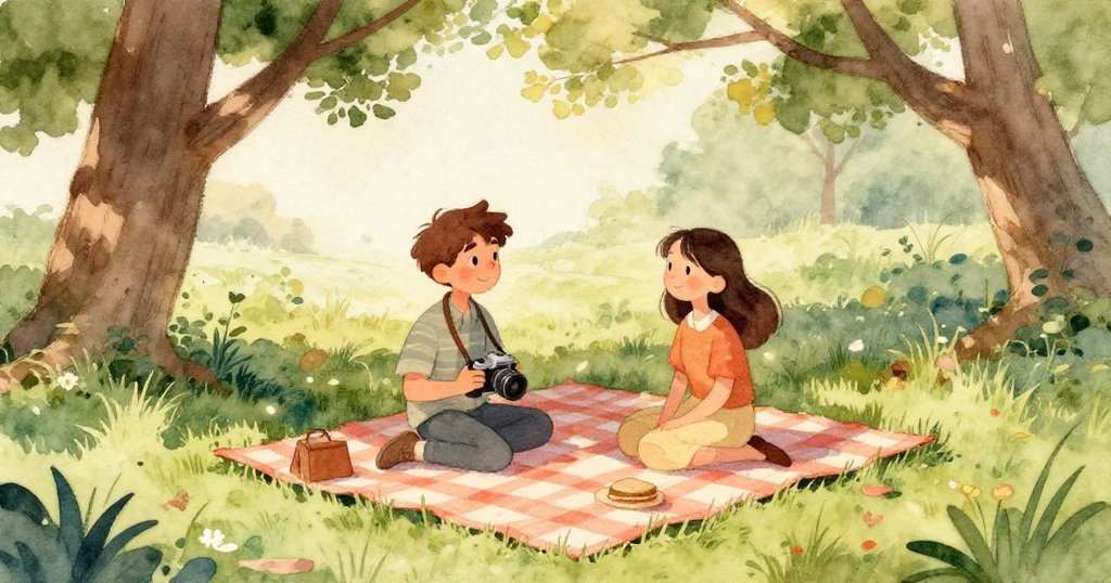 柔和午後光線中,微風輕拂野餐布,淡茶濺出並冒出細緻蒸氣,展現時間流轉的柔情瞬間。