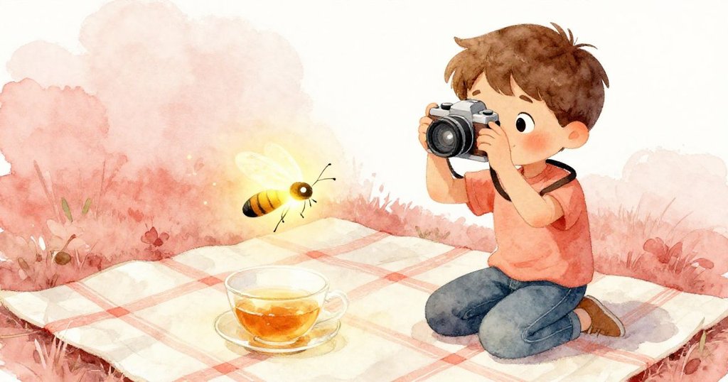 伊桑迅速按下快門,捕捉到懸浮在茶漬上閃亮螢光的螢火蟲,畫面充滿驚奇與魔幻感。