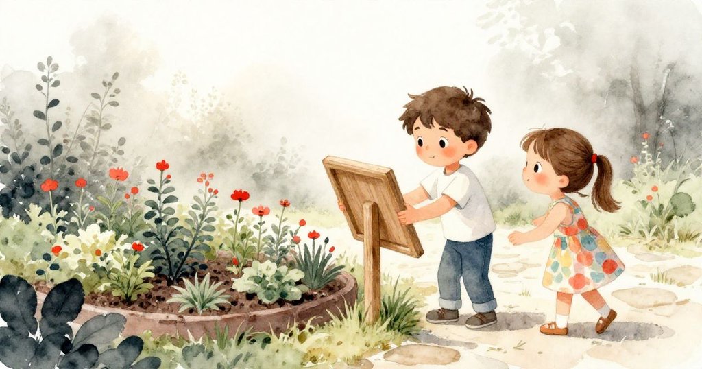 班和米拉在晨霧中忙碌於花園入口,溫柔陽光灑落香草叢及石徑,二人合作設置新標牌,情緒專注而充滿期待。