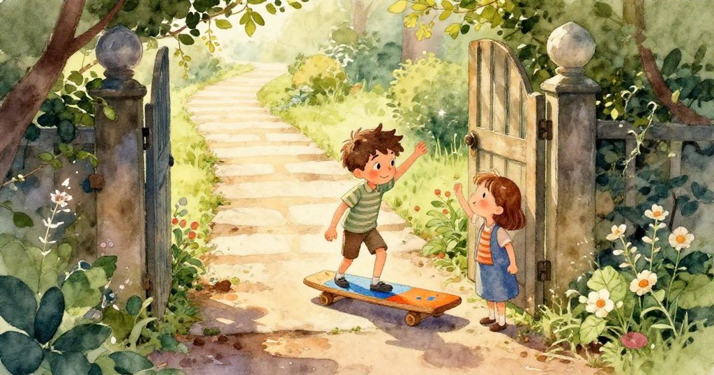 從班肩後視角觀察香草叢中的標牌搭建,木板逐漸穩固,班與米拉默契合作,背景映出柔和晨光和活力景象。