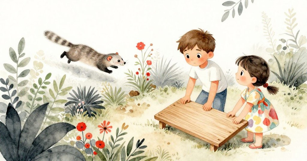 從高處俯瞰繁盛花園,班與米拉忙著固定木板,繩索隨風搖曳,一隻白鼬靈巧穿梭,場景生動有趣。