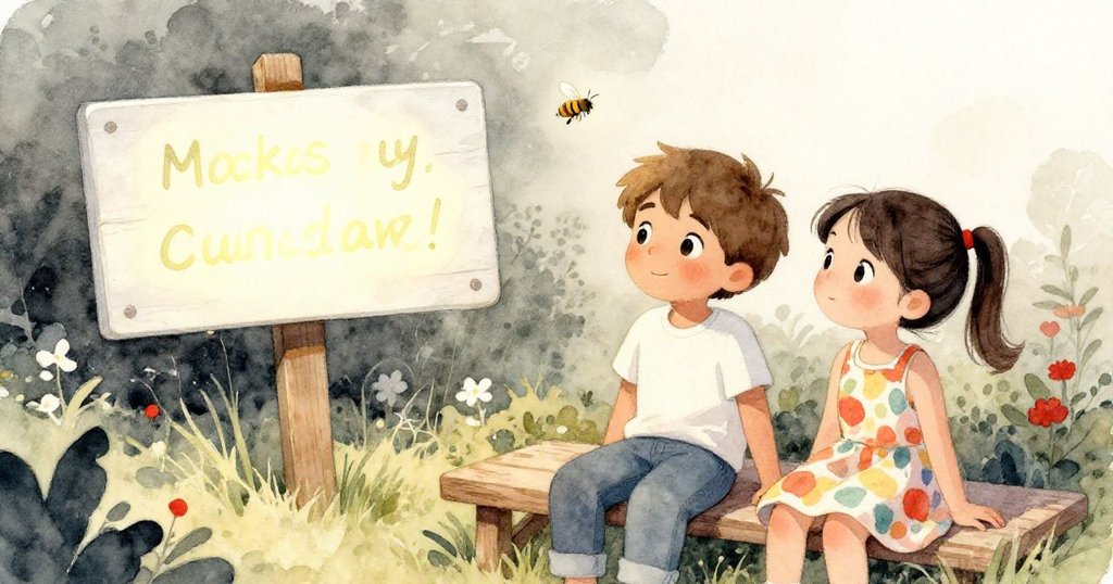 班與米拉在傍晚的花園中靜坐休息,欣賞閃光標牌和飛舞蜜蜂,神情滿足平靜,完成一天任務後溫馨安然。