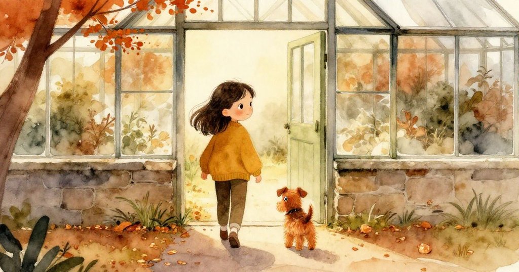 Leah 與 Rusty 踏向舊溫室，手持透明瓶，背景有斑駁門與乾花瓣，表現寧靜與期待情緒