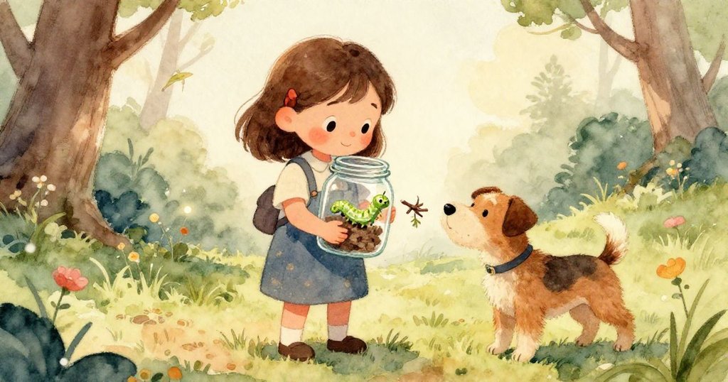 Leah 的手輕輕拿著透明瓶，瓶內綠色毛毛蟲依附樹枝，表現溫柔探索與專注情緒