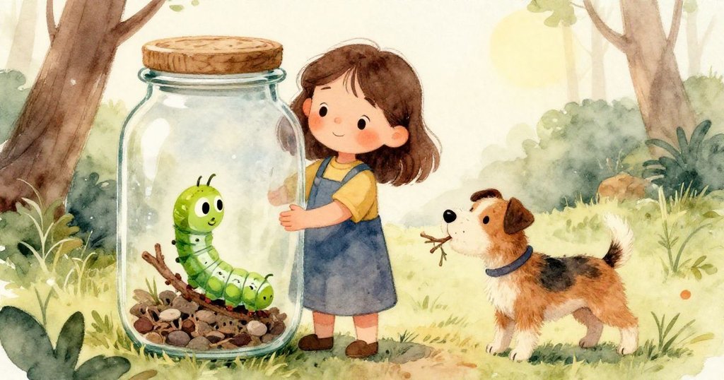 瓶內景象如水中世界，綠毛毛蟲靜立於樹枝上，光線折射閃耀，呈現奇幻而寧靜情緒