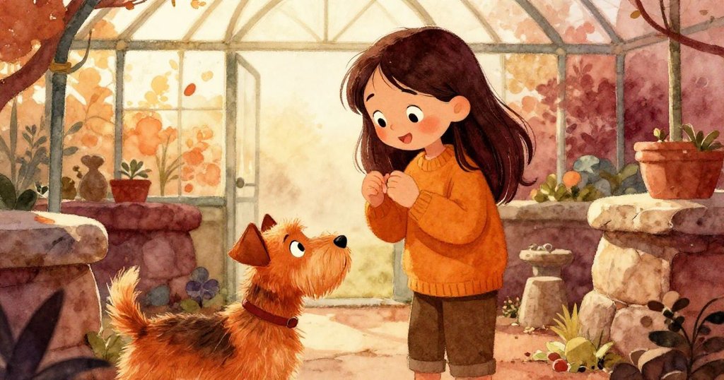 Leah 與 Rusty 共享溫暖慶祝時刻，Rusty 靜臥於石上，溫室柔光與陰影交織，表現喜悅與釋然