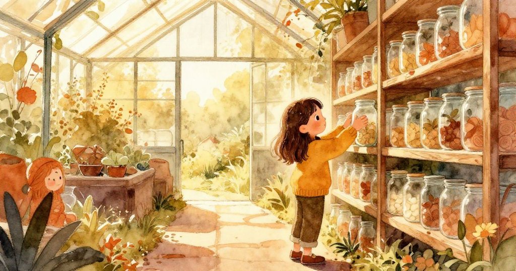 Leah 將瓶子放至高架，面對晨光閃耀的溫室開闊前景，表現決心邁向新旅程