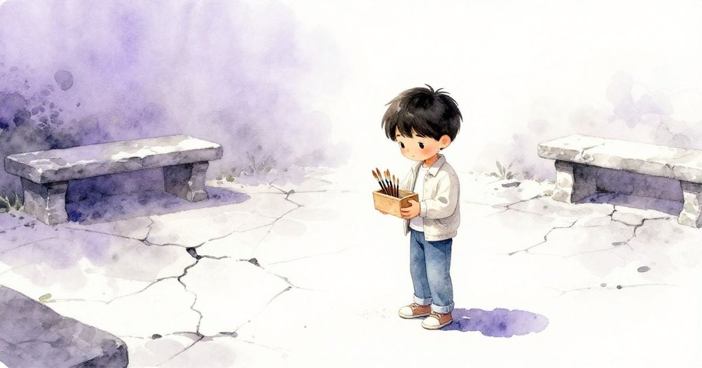 Leo站在氤氳庭院中，手持畫筆盒，靜謐表情與石凹景色，晨霧低沉溫柔。