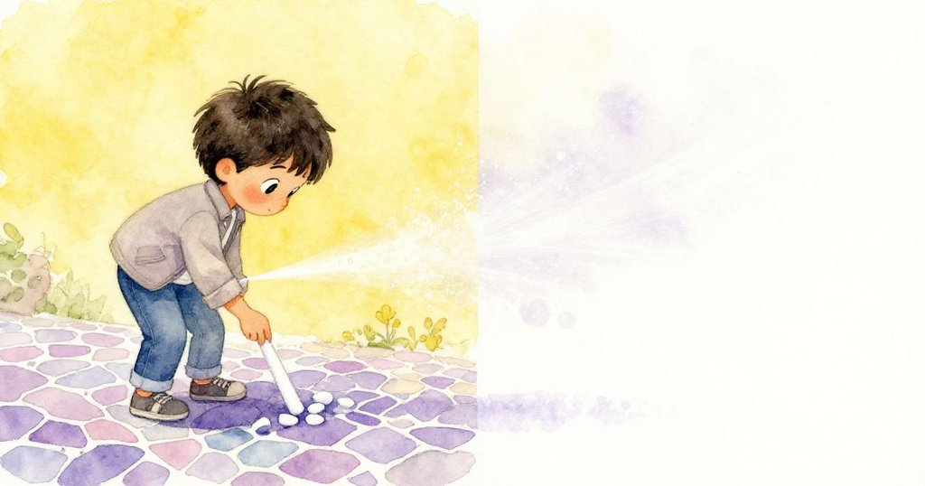 Leo專注敲擊粉筆，白塵隨風散落馬賽克上，呈現節奏與自然互動雙重情境。