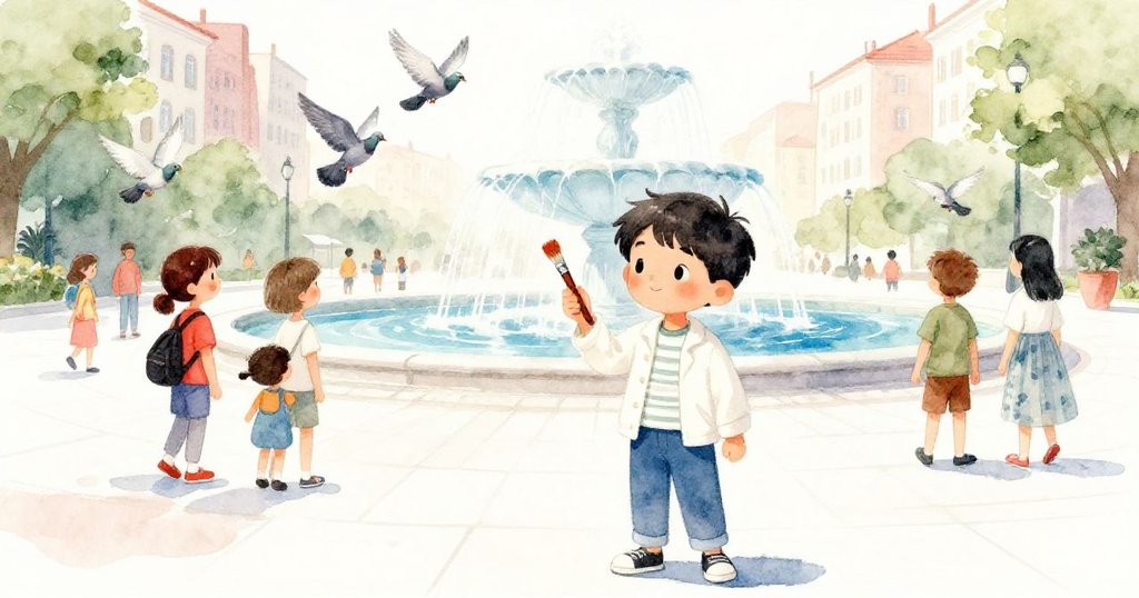 Leo回憶攜帶畫筆穿越繁忙廣場，遊客悠閒走動，鴿盤旋於噴泉邊，充滿生活氣息。