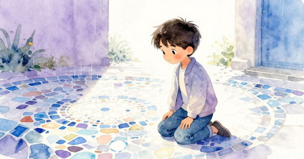 雨後馬賽克煥發新光，Leo安坐欣賞，雨珠閃耀石面，環境靜謐溫暖滿足之意。