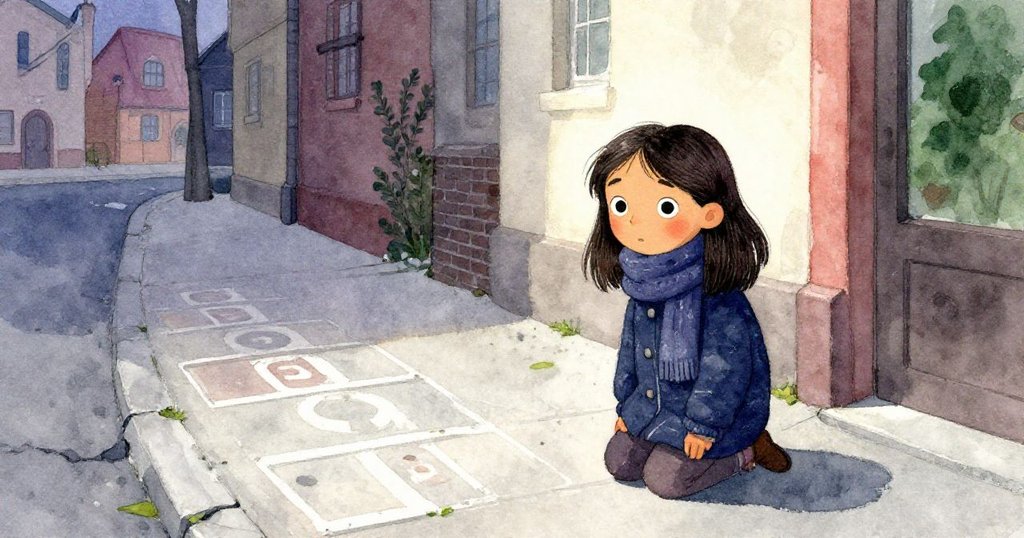 黎明時分，莉娜跪在破裂人行道旁，注視著被冬雨洗淨的跳房子舊圖案，神情專注且充滿期待。