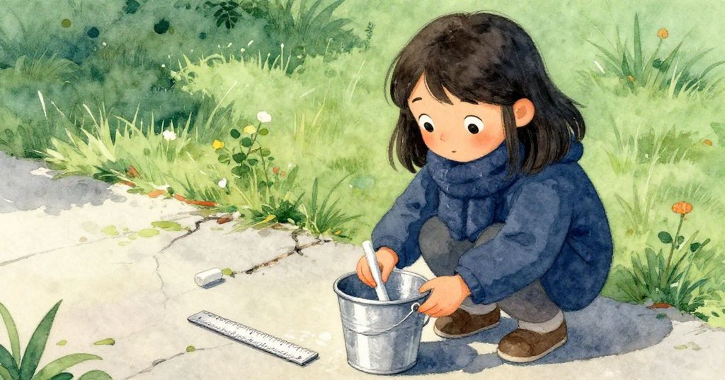 莉娜輕放水桶並細心檢查粉筆與短尺，手法溫柔，背景映出清晨柔和光影，充滿準備與希望。