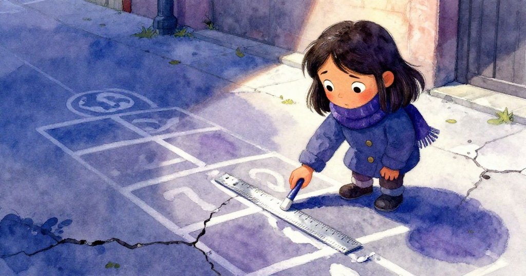 從下方視角看去，莉娜專注地使用粉筆與短尺修補不均勻跳房子線條，臉上堅定又帶著微微困惑。