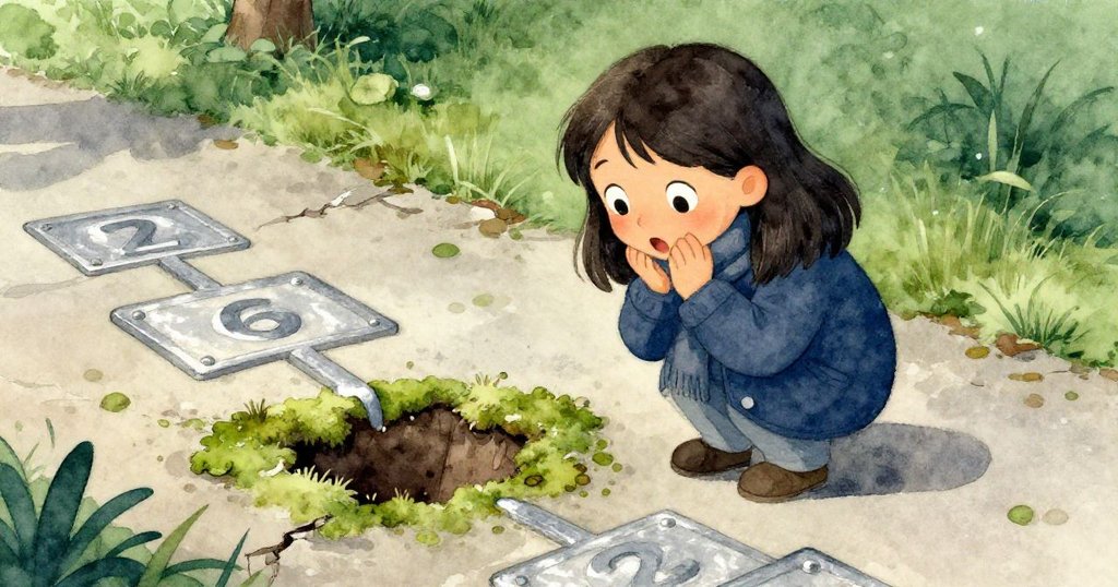 莉娜在重畫時驚奇發現苔蘚下的舊版跳房子圖案，眼神充滿好奇與短暫困惑，背景展現自然紋理。