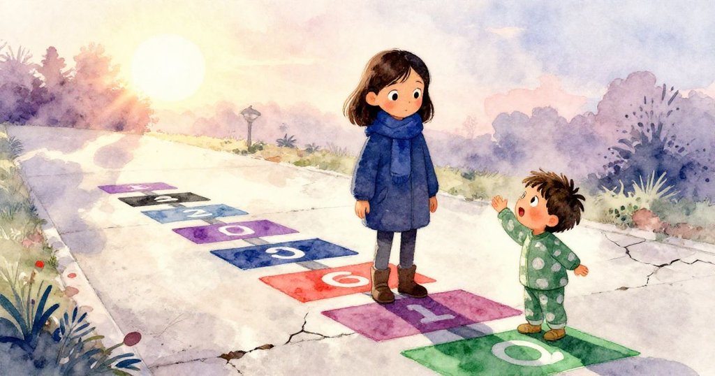 日出時分，莉娜完成全新跳房子，與弟弟在明亮街道上重逢，臉上流露出驕傲與溫馨，共享創作喜悅。