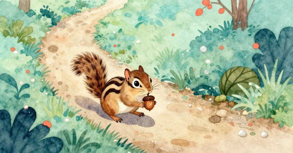 斑紋松鼠在潮濕步道上前行，嘴含橡果，晨光中展露期待與溫柔情感，環境充滿露珠與晨霧。