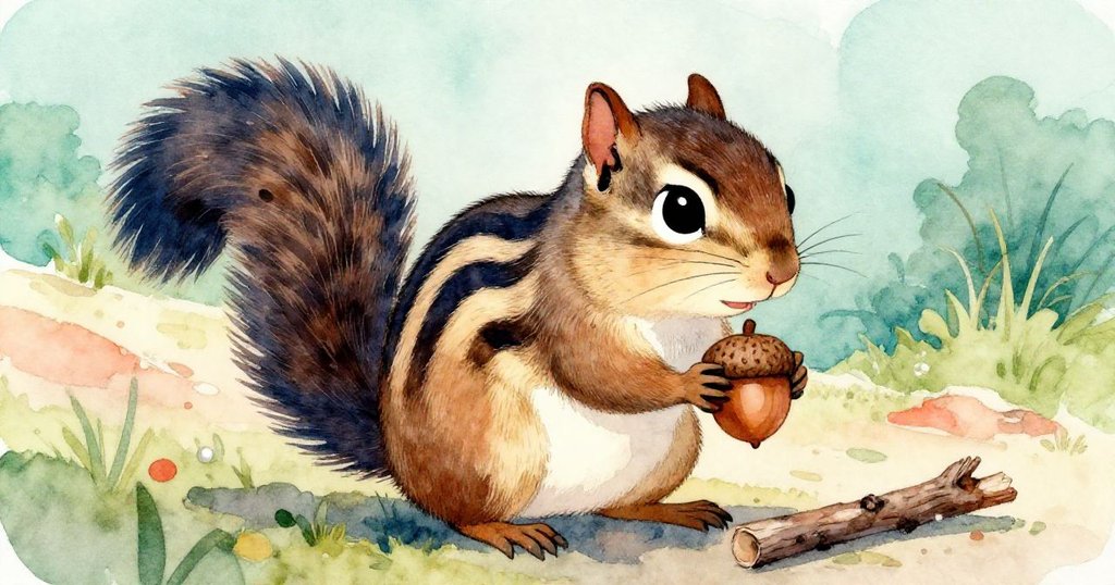 斑紋松鼠用胸部緊壓橡果，旁有阻止橡果滾動的樹枝，展現堅定與奮鬥，背景細膩描繪泥土與光影。