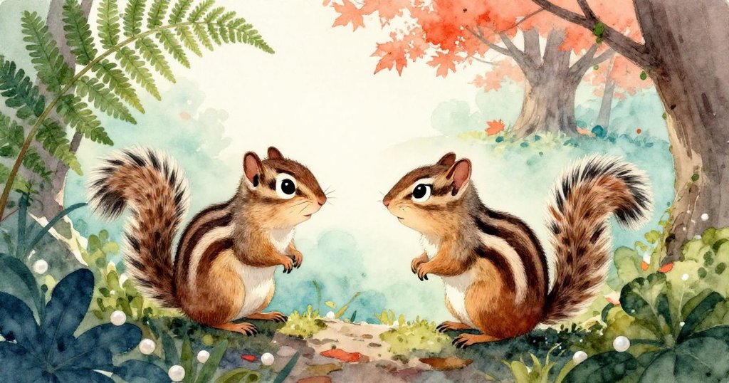 透過蕨類自然窗框，斑紋松鼠凝視前方老楓樹，表情充滿好奇與期待，晨霧中自然景致柔和動人。