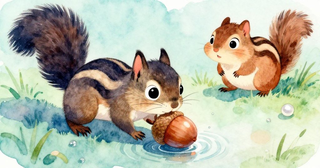 橡果滑入露水水窪，水面閃爍波紋，背景中斑紋松鼠焦急觀察，營造出一種神秘而動態的自然氛圍。