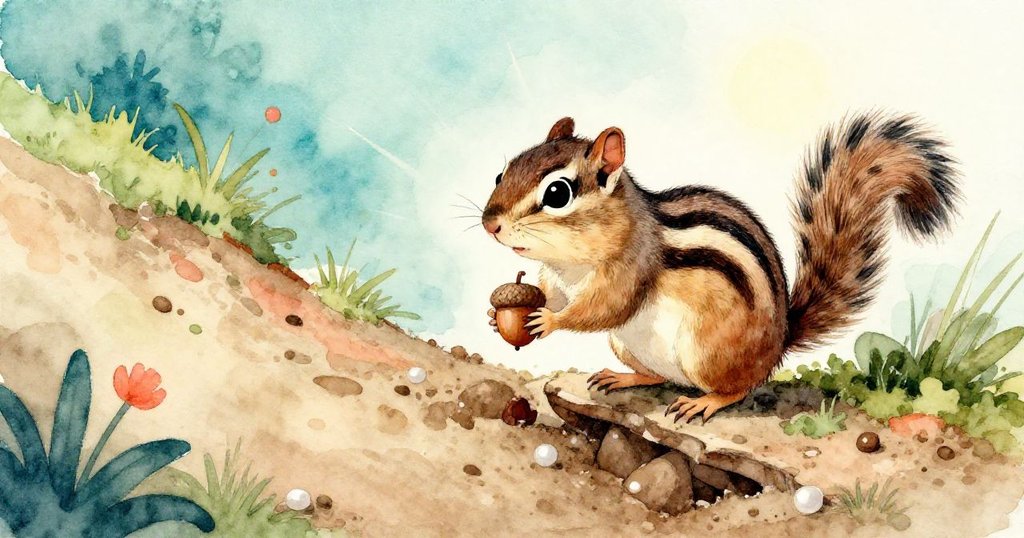 斑紋松鼠站在不穩土階前，手握橡果猶豫決定，表情流露謹慎與決心，斜坡上充滿自然挑戰。