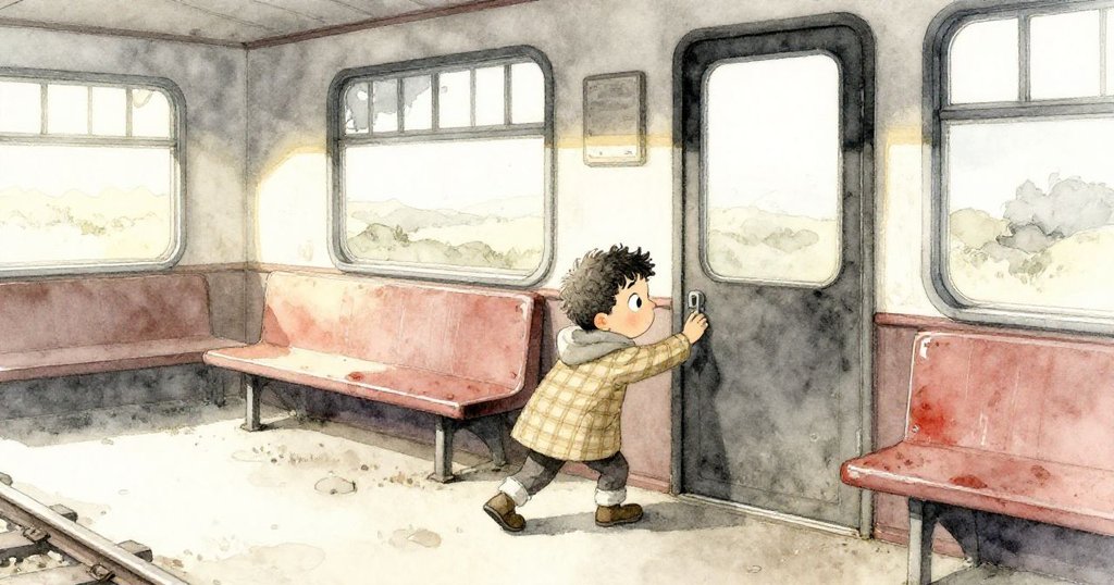 Felix推開老舊火車休息室側門，晨光微透，空氣中帶著懷舊氣息與斑駁窗影。