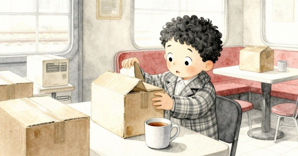 Felix在老舊休息室桌邊擺著茶杯，仔細整理書盒，動作專注，氛圍溫馨又充滿歲月痕跡。