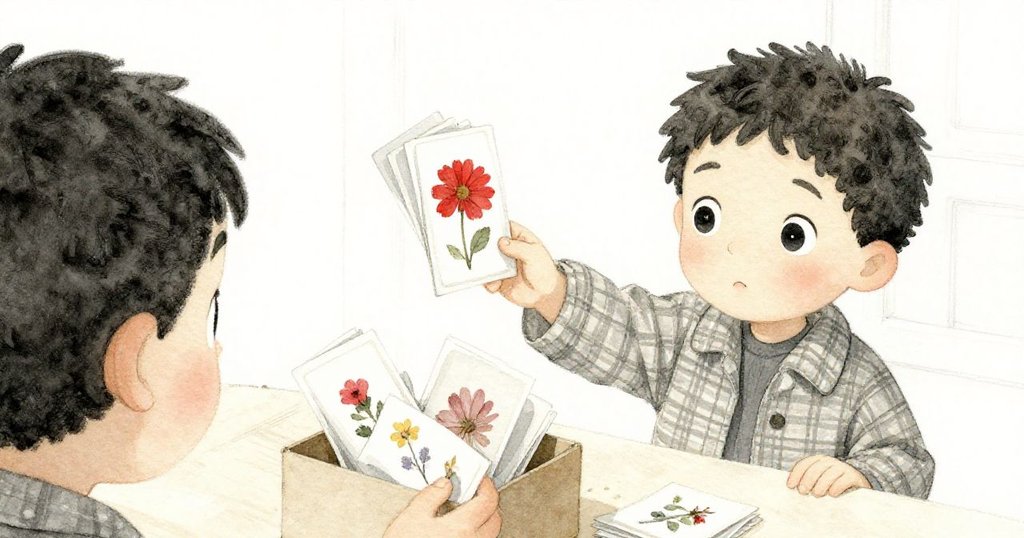 Felix伸手取盒時盒子滑落，書卡散落、壓花輕落袖上，畫面充滿懷舊意境與細膩動作。