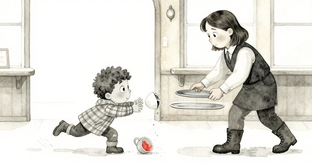 Felix急速伸手接茶杯，Mara從背後進入，蹲下用托盤接茶，動作迅速充滿關懷。