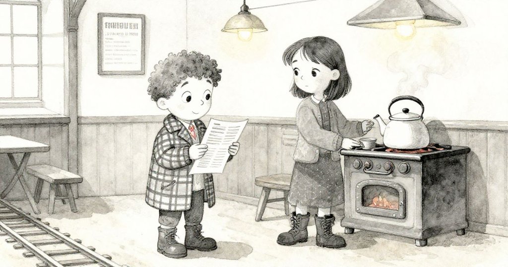 Felix整理宣傳冊，Mara準備釉面水壺，暖光中蒸氣輕繞，兩人神情放鬆迎來和諧結局。