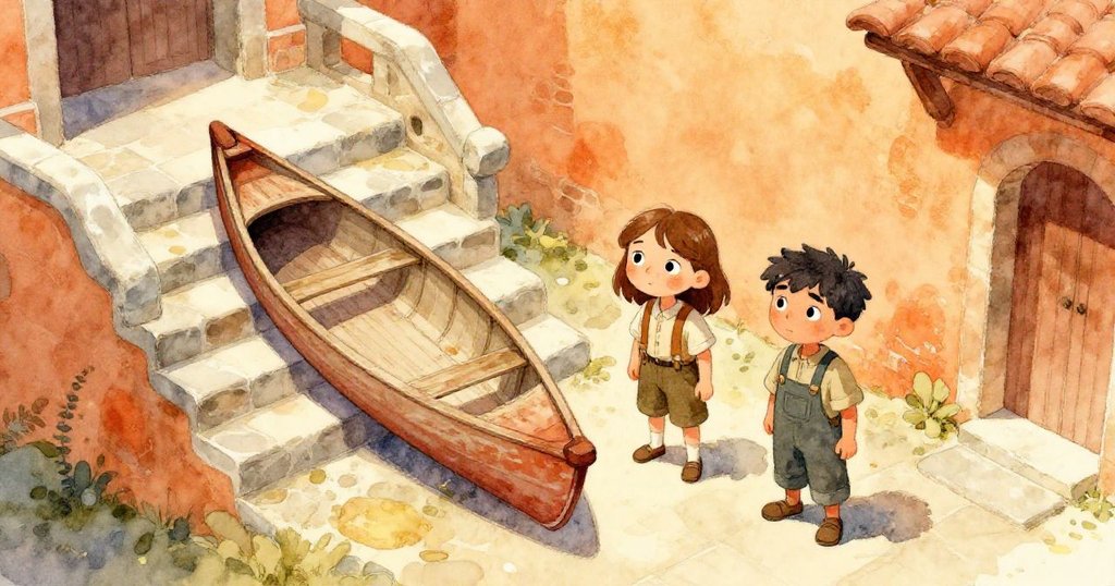 鳥瞰畫面中，克拉拉與米洛站在古樸庭院蜿蜒石梯下，表情堅定注視受損獨木舟，準備迎接挑戰。