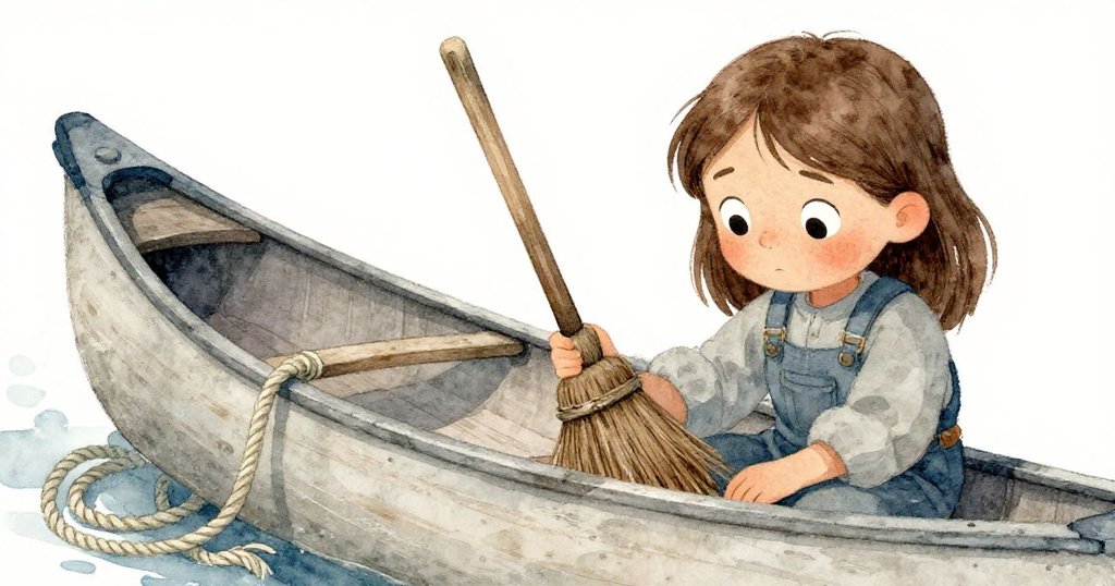 特寫畫面中，克拉拉聚精會神檢視破舊獨木舟和冬天適應變化之繩索，顯示出物件的歷史痕跡與歲月滄桑。