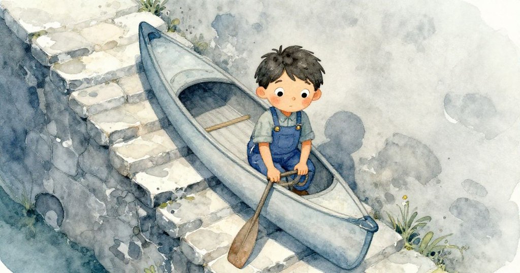 俯視角展示米洛在狹窄古舊樓梯上調整獨木舟，神情謹慎且堅定，周圍環境充滿歷史感。