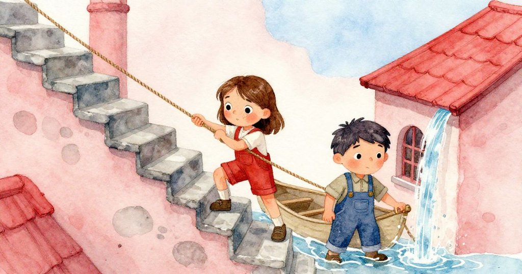 中景畫面中，克拉拉使勁拉著繩索，米洛穩住獨木舟，狹窄階梯上水流初現，雙人齊心協力面對挑戰。