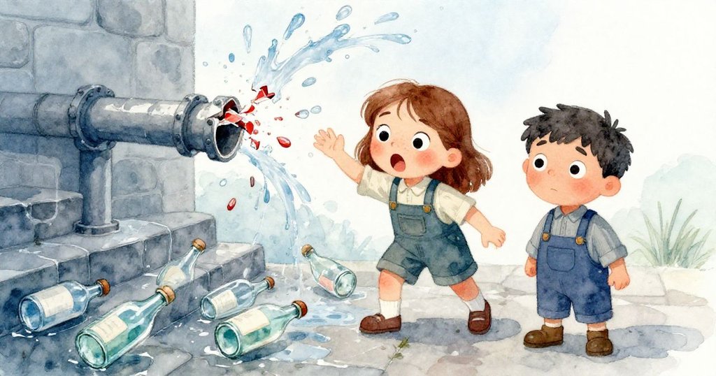 動態場景中，脆弱管道忽斷釋水，克拉拉驚愕後退，米洛迅速應變，碎玻璃在濕滑階梯上滾動，氣氛緊張。