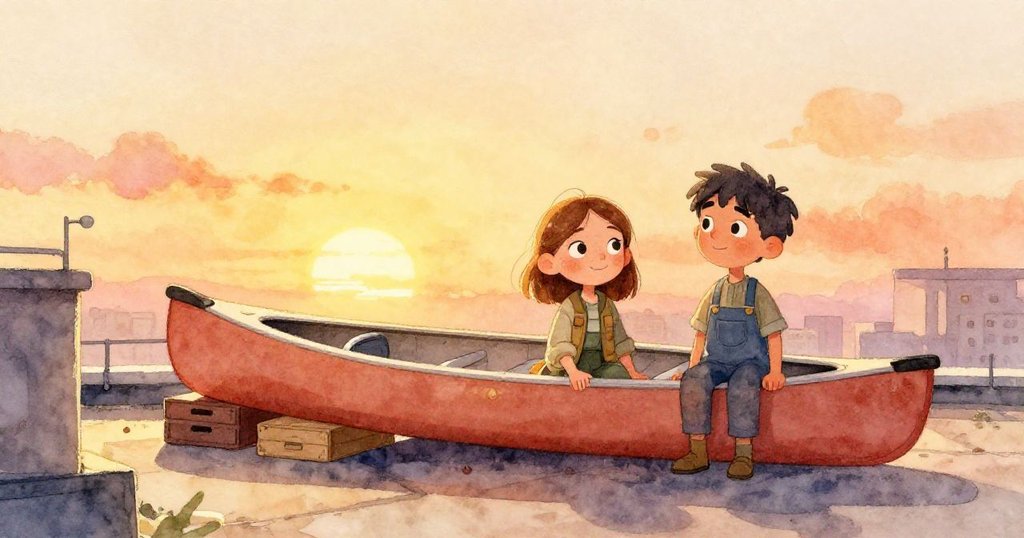 落日餘暉中，獨木舟安穩擱在屋頂木箱上，克拉拉與米洛滿面喜悅，柔和金光映照濕潤場景，結束艱辛歷程。