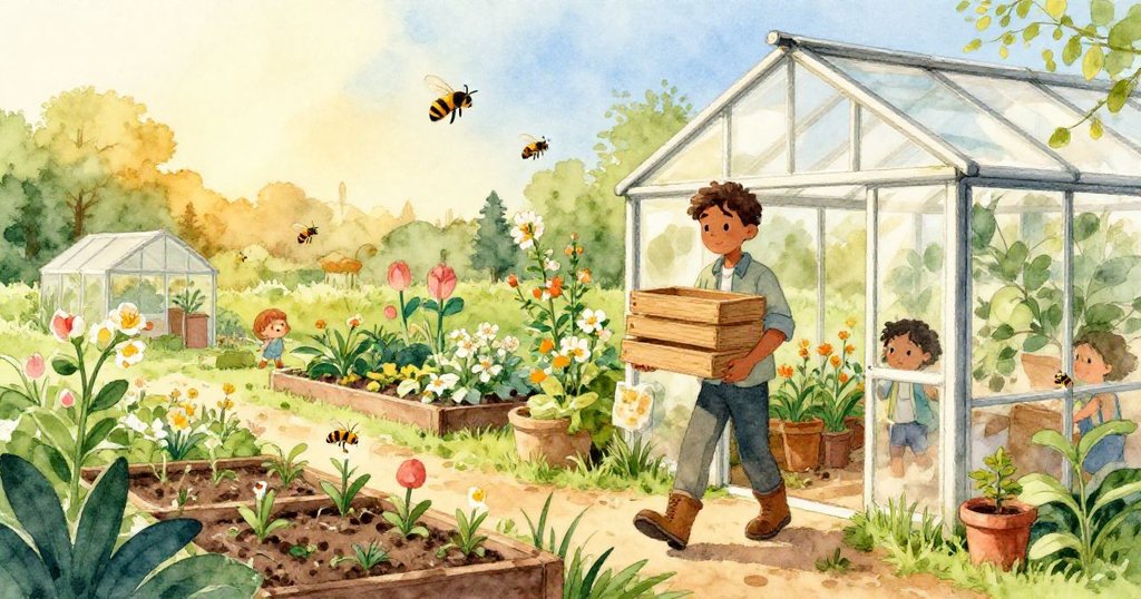 Reed走出溫室進入社區花園,帶著木盤,蜜蜂繞花飛舞,神情專注,展現平和開始的情境。