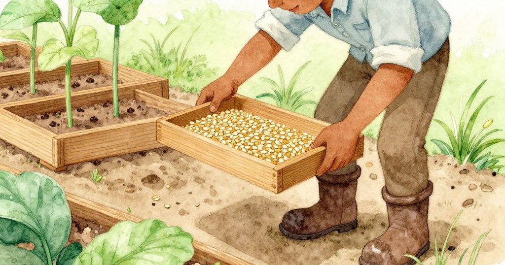 Reed細心平衡裝有黃瓜種子的木盤,手部細節清晰,臉上略帶焦慮,背景為綠意盎然的花園小徑。