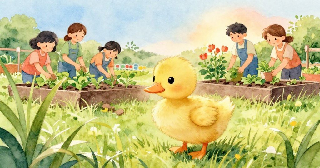 好奇的小鴨從高草中探出身影,志工在後整理植物,角度隱秘展現花園邊界的神秘與和諧。